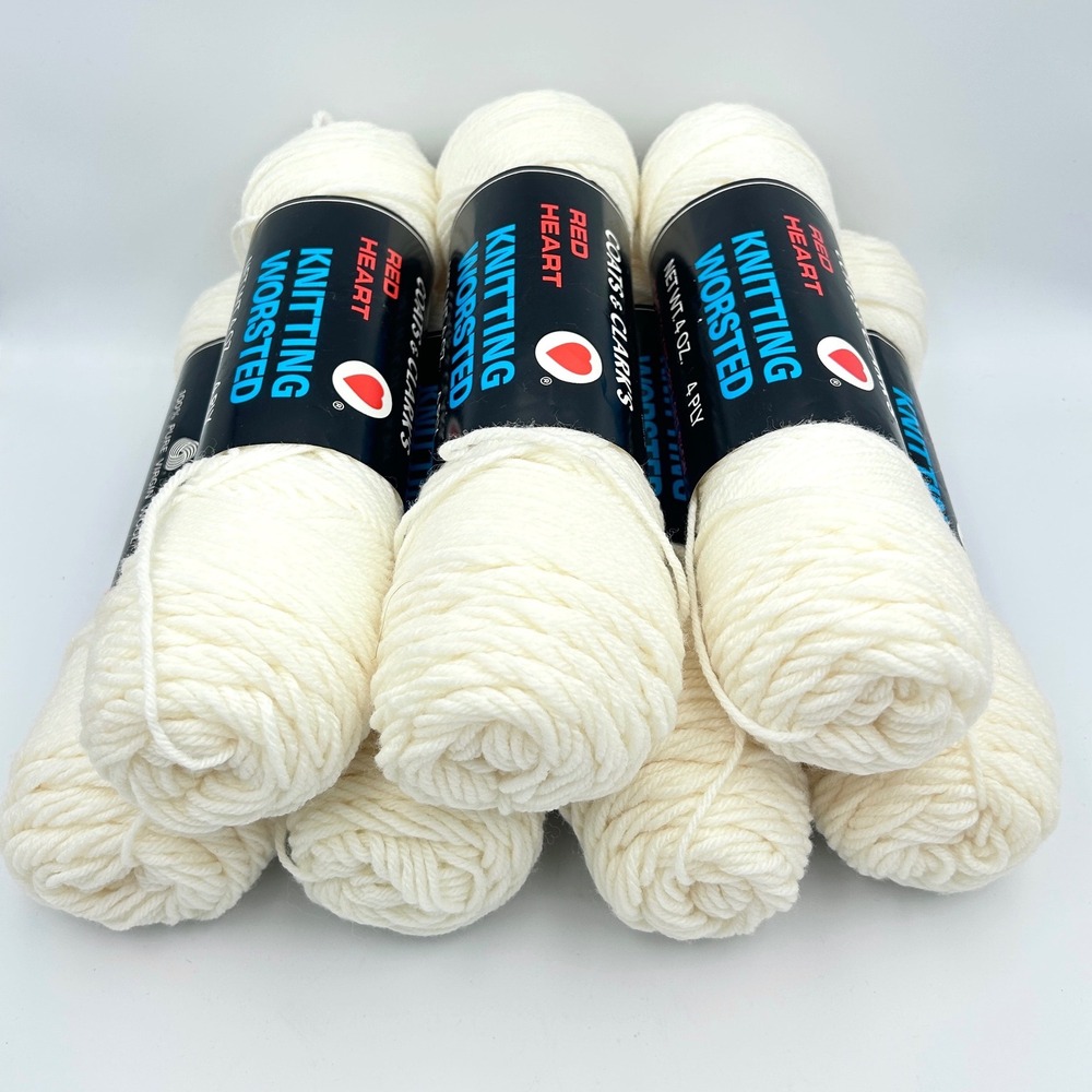 Vintage Red Heart Coats & Clark 100% Virgin Wool Yarn Lot 7 White Same Dye Lot